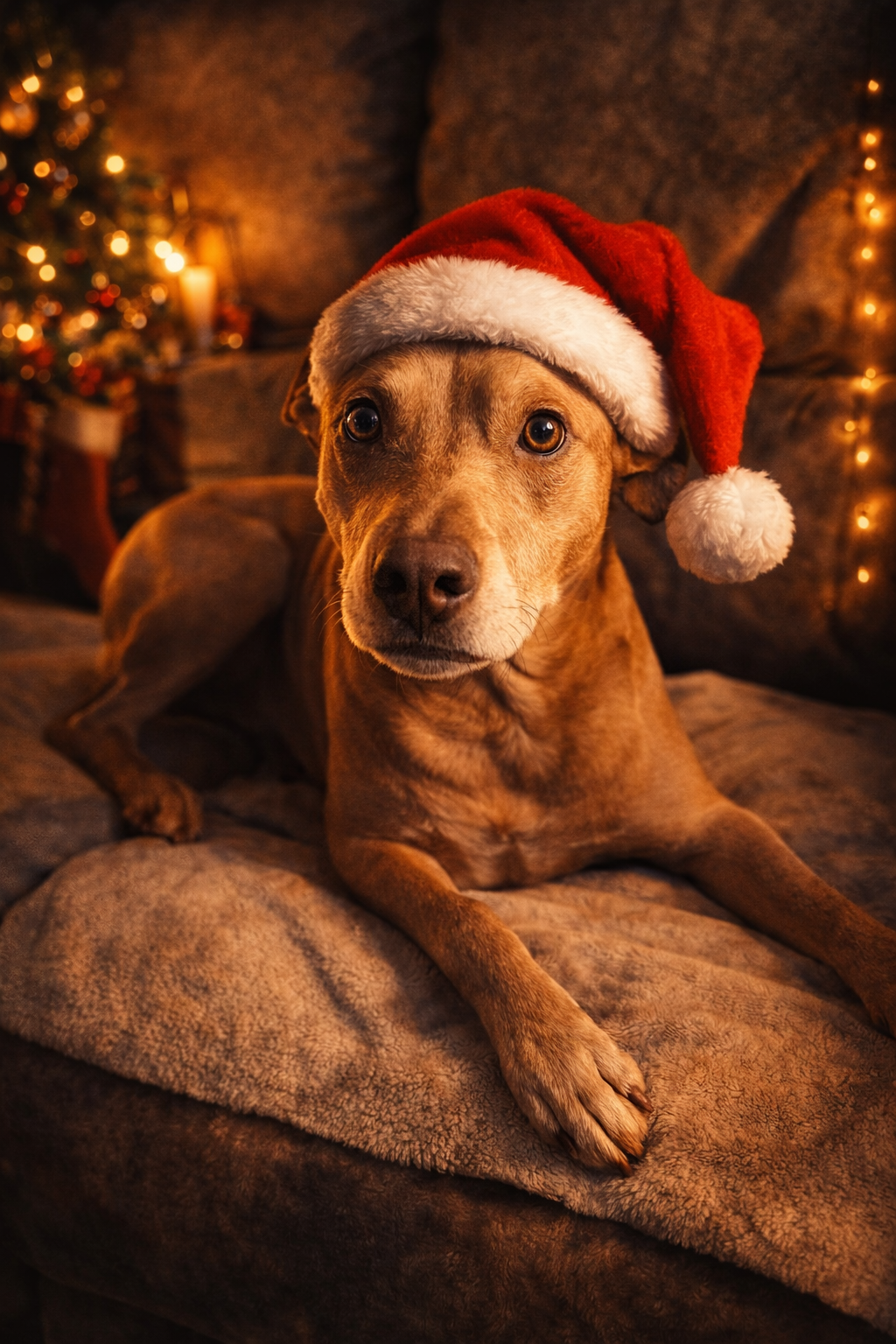Milo wearing a Santa hat
